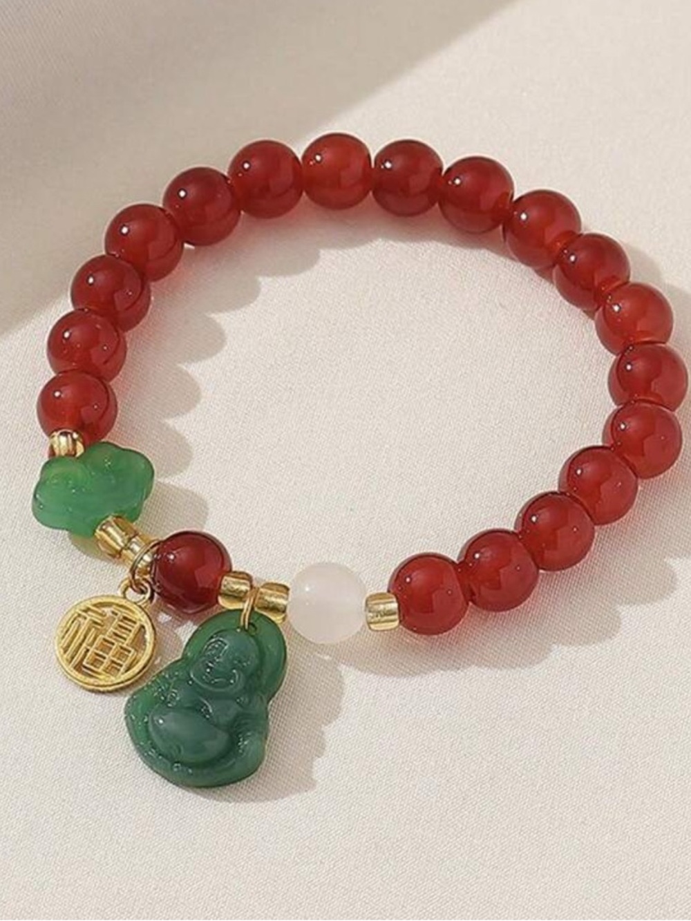 Red Beaded Bracelet with Green Jade Charms - Women Jewelry